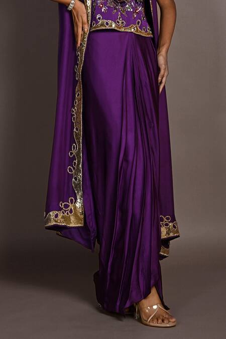 Buy_ISADAA BY ROTNA DUTT_Purple Satin, Georgette, Organza Embroidery, Hand Jacket And Draped Skirt Set _Online_at_Aza_Fashions