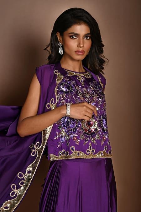 Shop_ISADAA BY ROTNA DUTT_Purple Satin, Georgette, Organza Embroidery, Hand Jacket And Draped Skirt Set _Online_at_Aza_Fashions