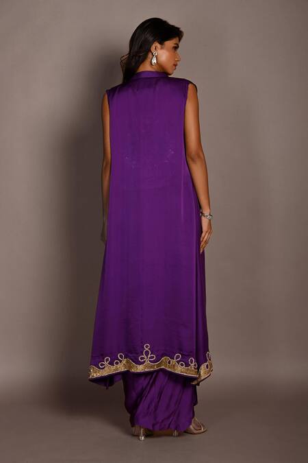 Buy_ISADAA BY ROTNA DUTT_Purple Satin, Georgette, Organza Embroidery, Hand Jacket And Draped Skirt Set 