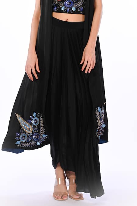 ISADAA BY ROTNA DUTT Black Satin, Georgette, Organza Embroidery, Paisley Top Skirt And Jacket Set Online at Aza Fashions ISADAA BY ROTNA DUTT_Black Satin, Georgette, Organza Embroidery, Paisley Top Skirt And Jacket Set _Online_at_Aza_Fashions