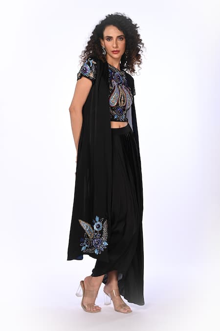 Shop ISADAA BY ROTNA DUTT Black Satin, Georgette, Organza Embroidery, Paisley Top Skirt And Jacket Set Online at Aza Fashions Shop_ISADAA BY ROTNA DUTT_Black Satin, Georgette, Organza Embroidery, Paisley Top Skirt And Jacket Set _Online_at_Aza_Fashions
