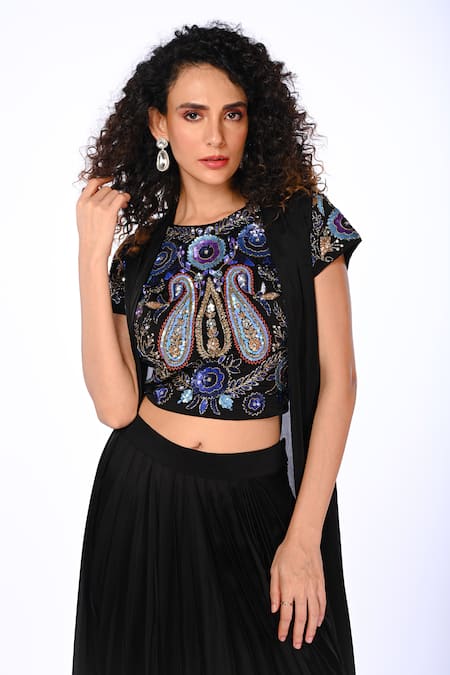 ISADAA BY ROTNA DUTT Black Satin, Georgette, Organza Embroidery, Paisley Top Skirt And Jacket Set at Aza Fashions ISADAA BY ROTNA DUTT_Black Satin, Georgette, Organza Embroidery, Paisley Top Skirt And Jacket Set _at_Aza_Fashions