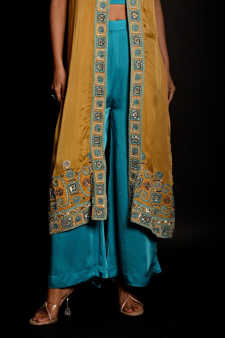 ISADAA BY ROTNA DUTT_Yellow Satin, Georgette, Organza Sequins, Sleeveless Jacket Top And Pant Set _Online_at_Aza_Fashions