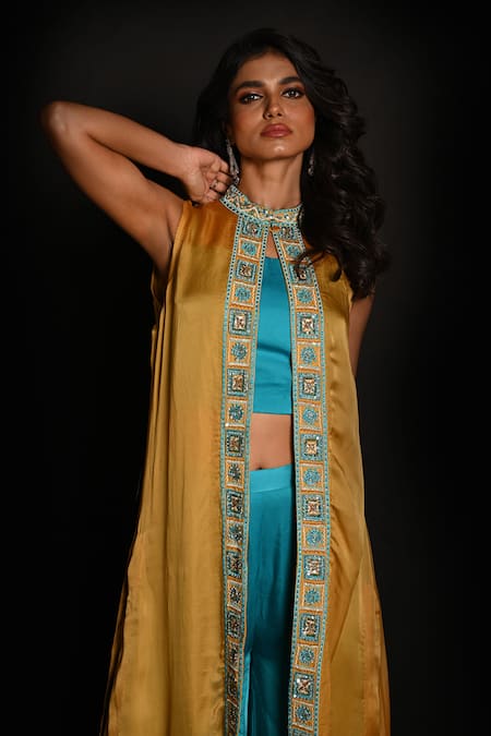 Buy_ISADAA BY ROTNA DUTT_Yellow Satin, Georgette, Organza Sequins, Sleeveless Jacket Top And Pant Set _Online_at_Aza_Fashions
