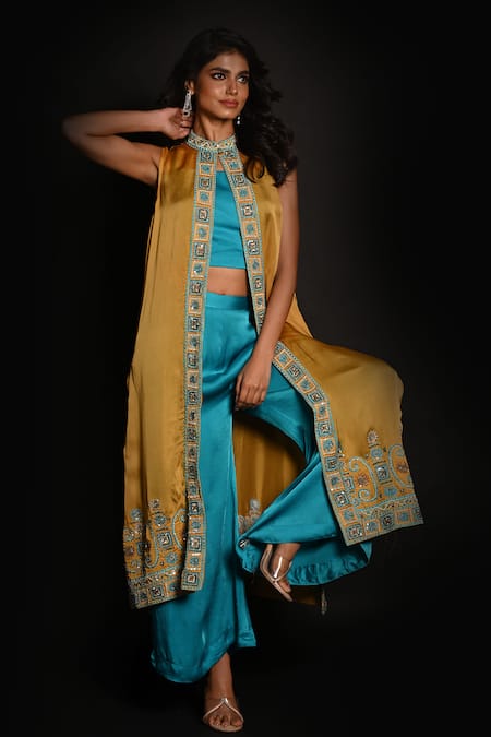 Shop_ISADAA BY ROTNA DUTT_Yellow Satin, Georgette, Organza Sequins, Sleeveless Jacket Top And Pant Set _Online_at_Aza_Fashions