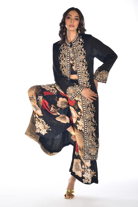 ISADAA BY ROTNA DUTT_Black Satin, Georgette, Organza Embroidery, Zardosi Jacket With Top And Pant _Online_at_Aza_Fashions