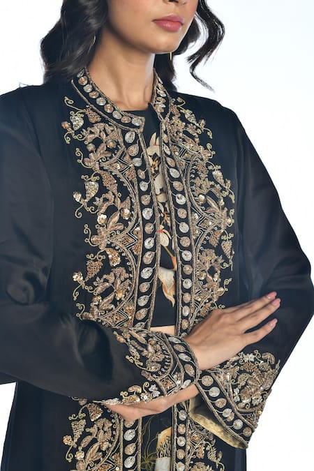 Buy_ISADAA BY ROTNA DUTT_Black Satin, Georgette, Organza Embroidery, Zardosi Jacket With Top And Pant _Online_at_Aza_Fashions