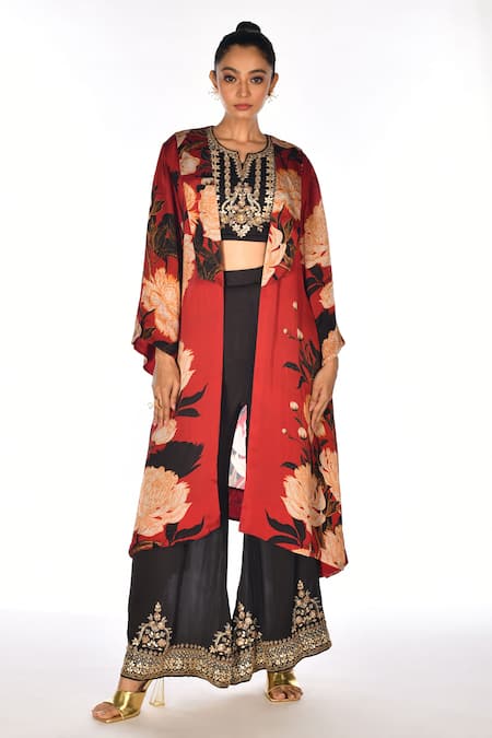 ISADAA BY ROTNA DUTT_Black Satin, Georgette, Organza Embroidery, Digital Print Jacket, Top And Pant _Online_at_Aza_Fashions