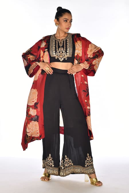 Buy_ISADAA BY ROTNA DUTT_Black Satin, Georgette, Organza Embroidery, Digital Print Jacket, Top And Pant _Online_at_Aza_Fashions