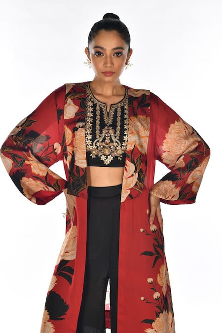 Shop_ISADAA BY ROTNA DUTT_Black Satin, Georgette, Organza Embroidery, Digital Print Jacket, Top And Pant _Online_at_Aza_Fashions