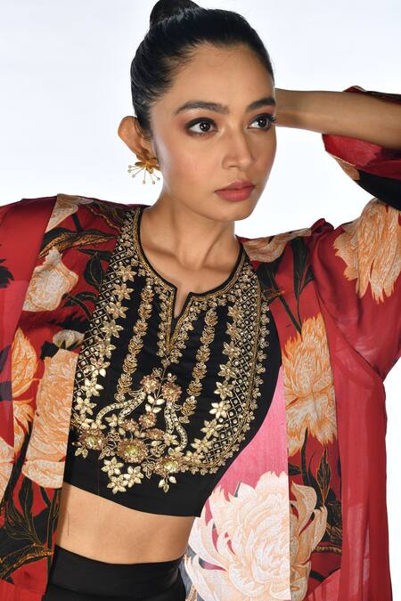 ISADAA BY ROTNA DUTT_Black Satin, Georgette, Organza Embroidery, Digital Print Jacket, Top And Pant _at_Aza_Fashions