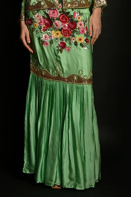 ISADAA BY ROTNA DUTT_Green Satin, Georgette Sequins, Beads, Embroidery And Cutdana Jacket Skirt Set _Online_at_Aza_Fashions