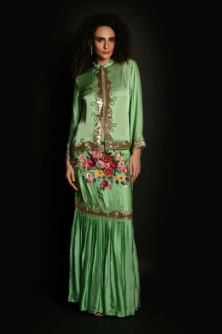 Buy_ISADAA BY ROTNA DUTT_Green Satin, Georgette Sequins, Beads, Embroidery And Cutdana Jacket Skirt Set _Online_at_Aza_Fashions