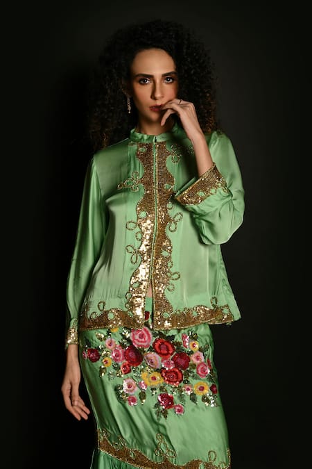 Shop_ISADAA BY ROTNA DUTT_Green Satin, Georgette Sequins, Beads, Embroidery And Cutdana Jacket Skirt Set _Online_at_Aza_Fashions