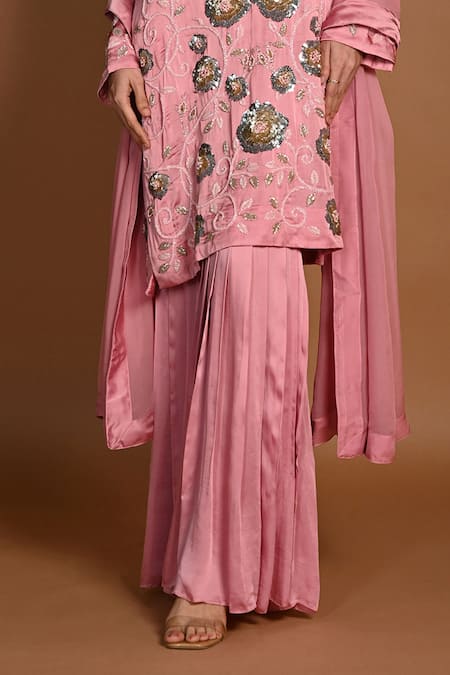 ISADAA BY ROTNA DUTT_Pink Georgette, Satin, Organza Sequins, Beads, And Cutdana Hand Sharara Set _Online_at_Aza_Fashions
