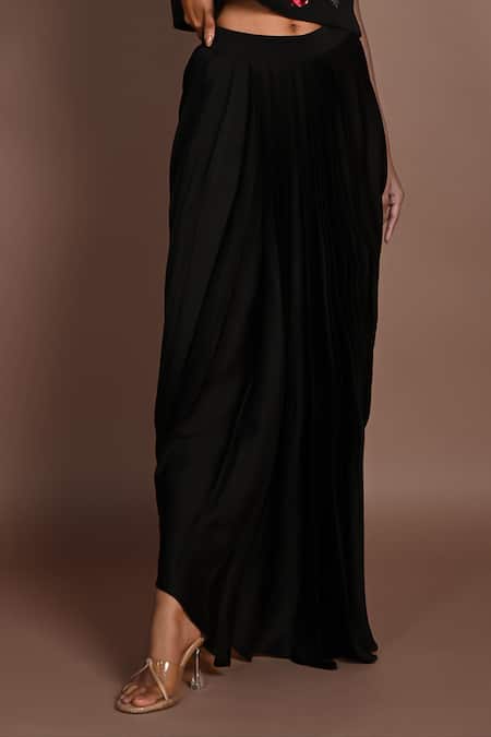 ISADAA BY ROTNA DUTT_Black Satin, Georgette Sequins, Beads, Floral And Cutdana Crop Top & Skirt _Online_at_Aza_Fashions