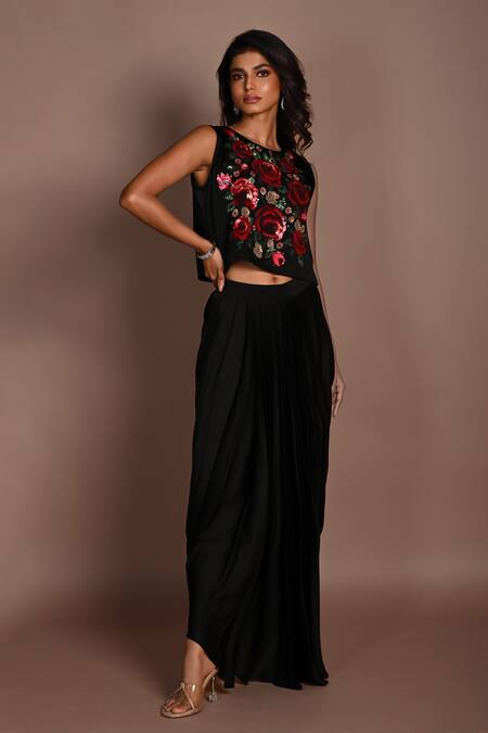 Shop_ISADAA BY ROTNA DUTT_Black Satin, Georgette Sequins, Beads, Floral And Cutdana Crop Top & Skirt _Online_at_Aza_Fashions