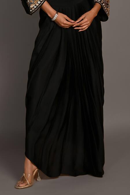 ISADAA BY ROTNA DUTT_Black Satin, Georgette And Cutdana Crop Top With Draped Skirt & Zardosi Jacket _Online_at_Aza_Fashions