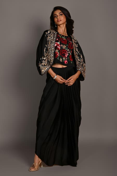 ISADAA BY ROTNA DUTT Sequins & Cutdana Crop Top With Draped Skirt & Zardosi Jacket 