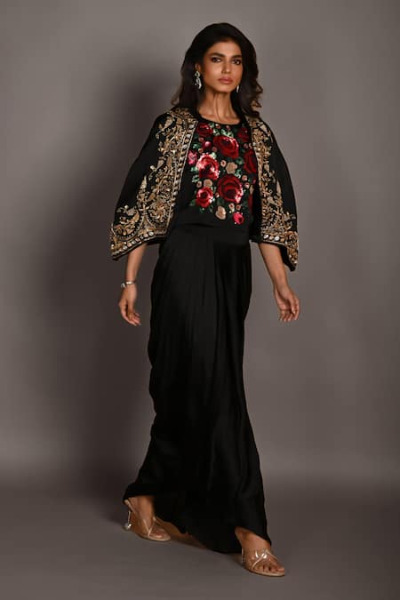 Buy_ISADAA BY ROTNA DUTT_Black Satin, Georgette And Cutdana Crop Top With Draped Skirt & Zardosi Jacket _Online_at_Aza_Fashions