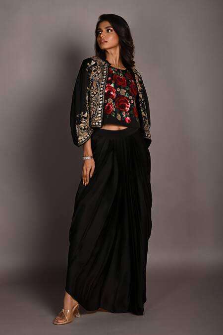Shop_ISADAA BY ROTNA DUTT_Black Satin, Georgette And Cutdana Crop Top With Draped Skirt & Zardosi Jacket _Online_at_Aza_Fashions
