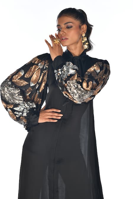 ISADAA BY ROTNA DUTT_Black Georgette Sequins, Embroidery Collared Balloon Sleeve Dress _Online_at_Aza_Fashions