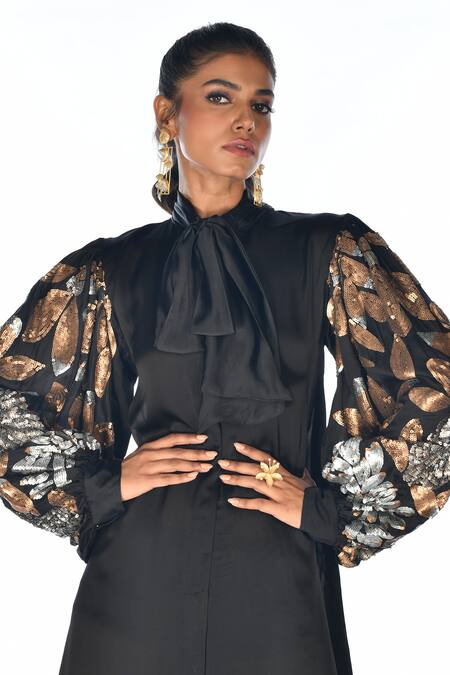 ISADAA BY ROTNA DUTT_Black Georgette Sequins, Embroidery Collared Balloon Sleeve Dress _at_Aza_Fashions