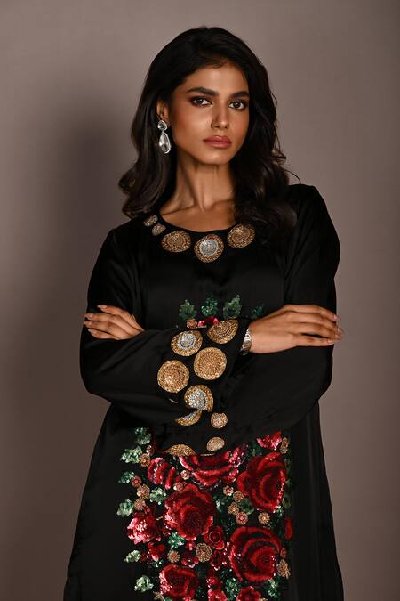 ISADAA BY ROTNA DUTT_Black Georgette Sequins, Beads, Zari Boat Neck Embroidered Floral And Coin Dress _Online_at_Aza_Fashions