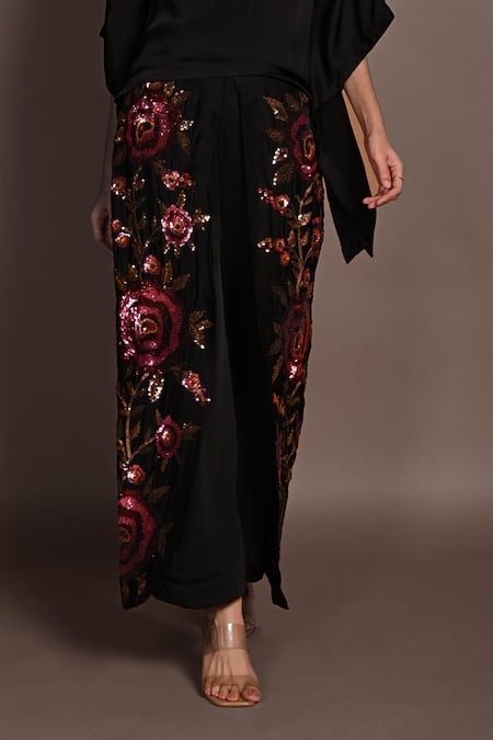 ISADAA BY ROTNA DUTT_Black Satin, Georgette Sequins, Beads Round Neck Kaftan Top And Floral Pant Set _Online_at_Aza_Fashions