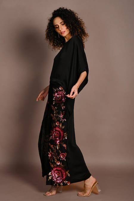 Shop_ISADAA BY ROTNA DUTT_Black Satin, Georgette Sequins, Beads Round Neck Kaftan Top And Floral Pant Set _Online_at_Aza_Fashions