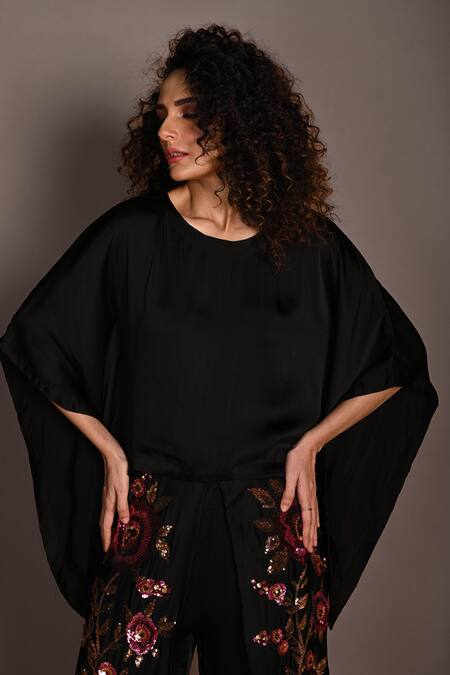 ISADAA BY ROTNA DUTT_Black Satin, Georgette Sequins, Beads Round Neck Kaftan Top And Floral Pant Set _at_Aza_Fashions