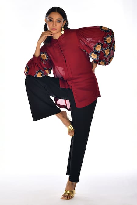 ISADAA BY ROTNA DUTT_Red Satin, Georgette Sequins, Beads, Embroidery Mandarin Collar And Shirt _Online_at_Aza_Fashions