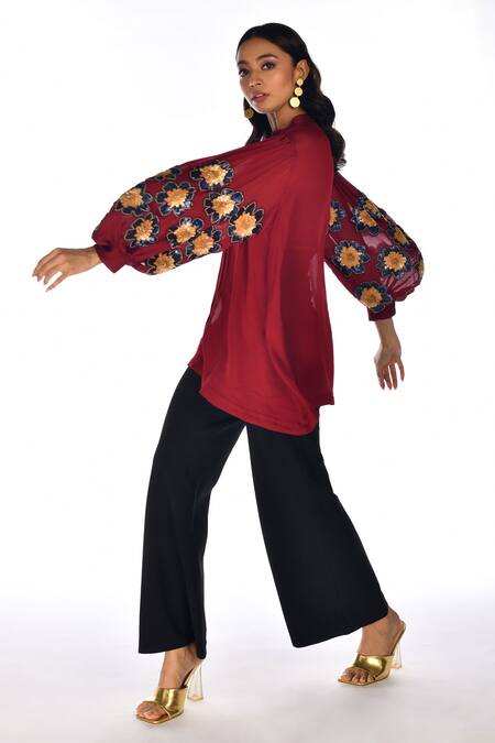 Buy_ISADAA BY ROTNA DUTT_Red Satin, Georgette Sequins, Beads, Embroidery Mandarin Collar And Shirt _Online_at_Aza_Fashions