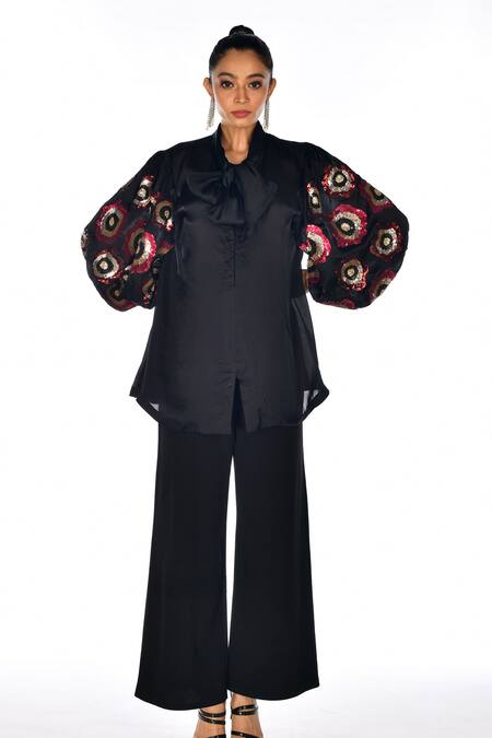 ISADAA BY ROTNA DUTT_Black Satin, Georgette Sequins, Beads Collared And Hand Embroidered Shirt _Online_at_Aza_Fashions