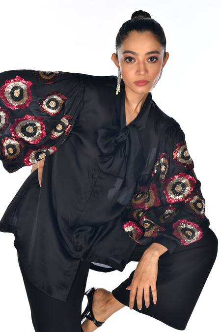 Buy_ISADAA BY ROTNA DUTT_Black Satin, Georgette Sequins, Beads Collared And Hand Embroidered Shirt _Online_at_Aza_Fashions