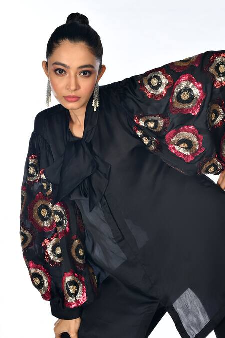 Shop_ISADAA BY ROTNA DUTT_Black Satin, Georgette Sequins, Beads Collared And Hand Embroidered Shirt _Online_at_Aza_Fashions