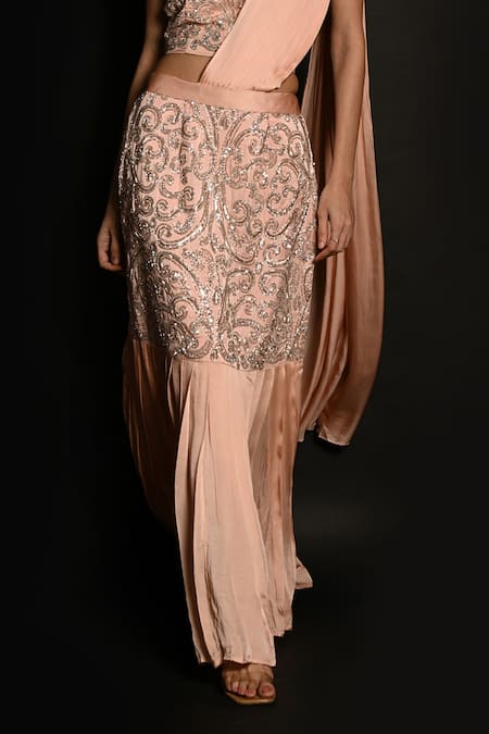 ISADAA BY ROTNA DUTT_Peach Satin, Georgette Sequins, Beads, Embroidery And Cutdana Hand Lehenga Saree _Online_at_Aza_Fashions