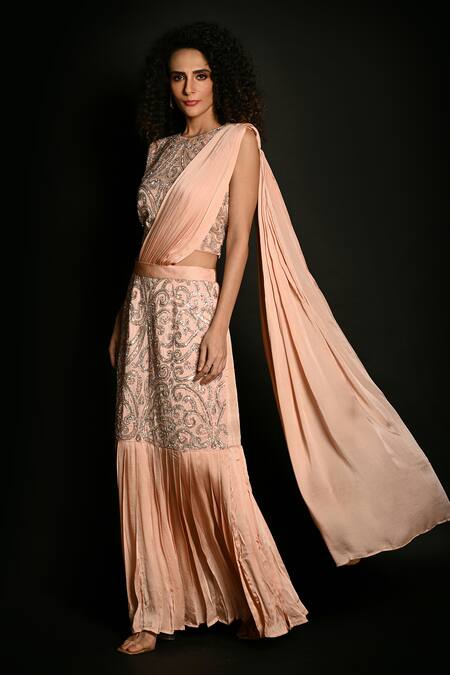 Buy_ISADAA BY ROTNA DUTT_Peach Satin, Georgette Sequins, Beads, Embroidery And Cutdana Hand Lehenga Saree _Online_at_Aza_Fashions