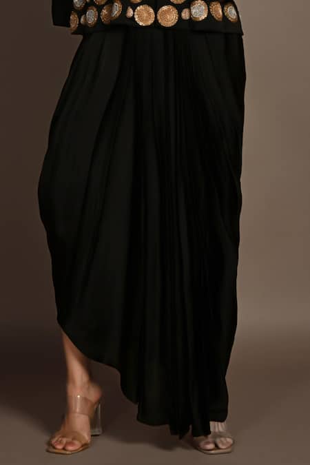 ISADAA BY ROTNA DUTT_Black Satin, Georgette Sequins, Beads, Zari, And Zardosi Jacket Skirt Set _Online_at_Aza_Fashions