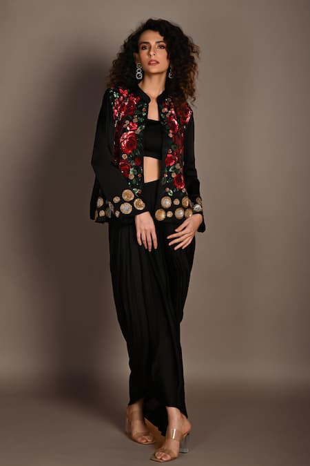 Buy_ISADAA BY ROTNA DUTT_Black Satin, Georgette Sequins, Beads, Zari, And Zardosi Jacket Skirt Set _Online_at_Aza_Fashions