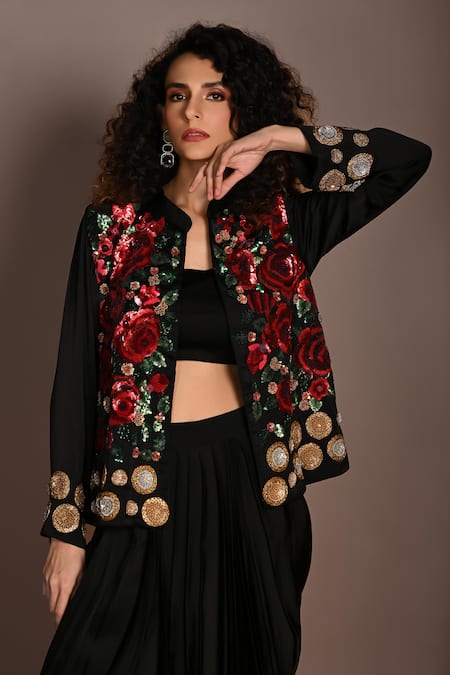 ISADAA BY ROTNA DUTT_Black Satin, Georgette Sequins, Beads, Zari, And Zardosi Jacket Skirt Set _at_Aza_Fashions