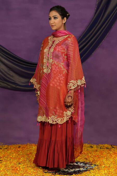 Shop Jyoti Bansal Red Tissue, Crepe, Organza Embroidery, Mirrors, Printed Kurta Sharara Set Online at Aza Fashions Shop_Jyoti Bansal_Red Tissue, Crepe, Organza Embroidery, Mirrors, Printed Kurta Sharara Set _Online_at_Aza_Fashions