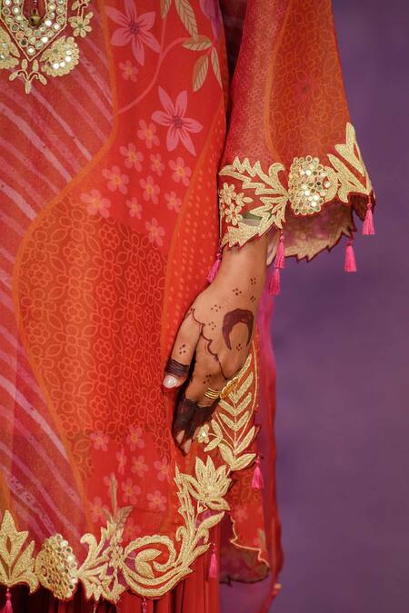 Jyoti Bansal Red Tissue, Crepe, Organza Embroidery, Mirrors, Printed Kurta Sharara Set at Aza Fashions Jyoti Bansal_Red Tissue, Crepe, Organza Embroidery, Mirrors, Printed Kurta Sharara Set _at_Aza_Fashions