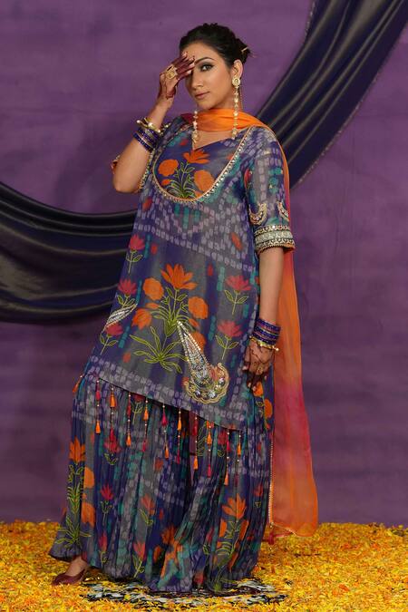 Buy_Jyoti Bansal_Purple Tissue, Organza Embroidery, Lace, Mirrors, Printed Kurta Sharara Set _Online_at_Aza_Fashions