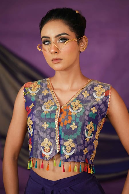 Jyoti Bansal Purple Tissue, Crepe Embroidery, Mirrors, Tassels Printed Top And Drape Skirt Set Online at Aza Fashions Jyoti Bansal_Purple Tissue, Crepe Embroidery, Mirrors, Tassels Printed Top And Drape Skirt Set _Online_at_Aza_Fashions