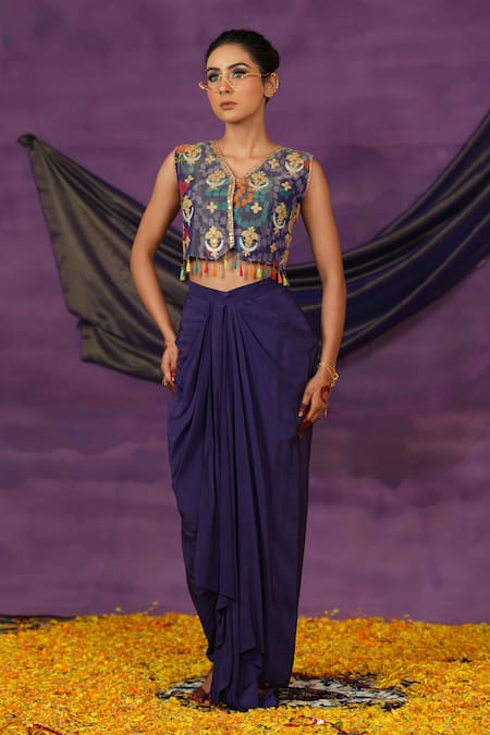 Jyoti Bansal Printed Tissue Top & Drape Skirt Set 