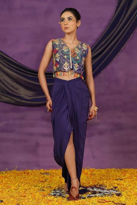 Buy Jyoti Bansal Purple Tissue, Crepe Embroidery, Mirrors, Tassels Printed Top And Drape Skirt Set Online at Aza Fashions Buy_Jyoti Bansal_Purple Tissue, Crepe Embroidery, Mirrors, Tassels Printed Top And Drape Skirt Set _Online_at_Aza_Fashions