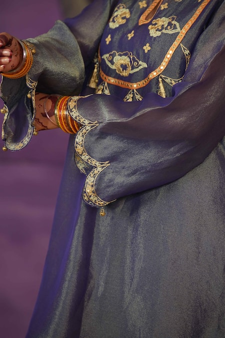 Shop_Jyoti Bansal_Purple Tissue Embroidery, Mirrors, Tassels Split V-neck Tilla Dori And Kurta Set _Online_at_Aza_Fashions