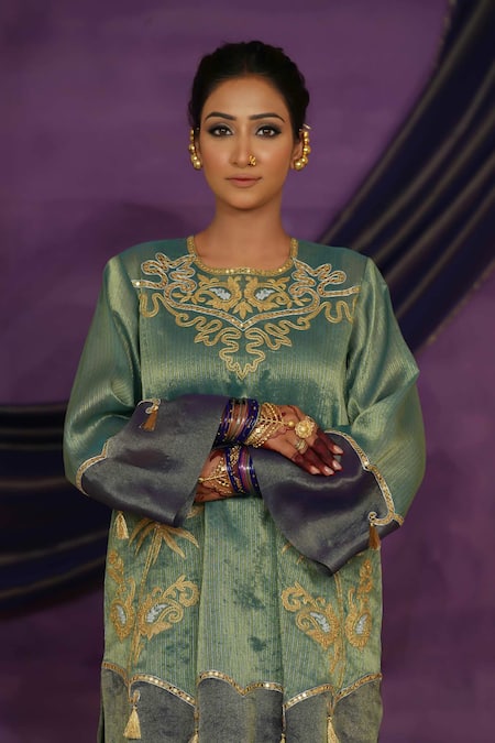 Jyoti Bansal_Green Tissue Embroidery, Mirrors, Tassels Round Tilla Dori And Kurta With Salwar _Online_at_Aza_Fashions