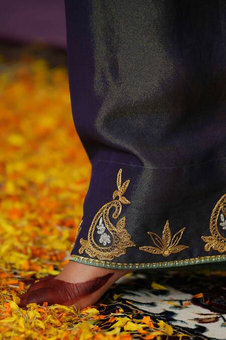 Shop_Jyoti Bansal_Green Tissue Embroidery, Mirrors, Tassels Round Tilla Dori And Kurta With Salwar _Online_at_Aza_Fashions